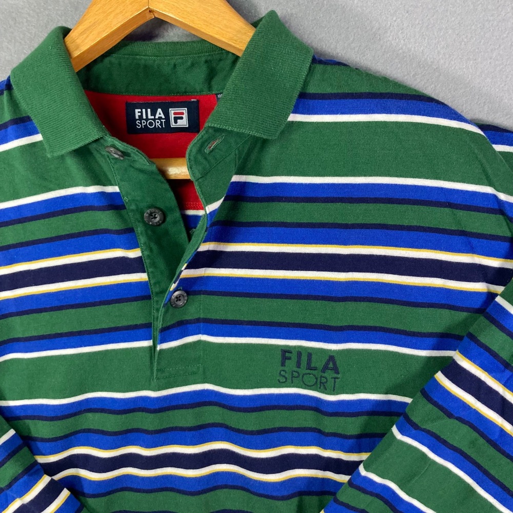 Fila Sport Mens Striped Long Sleeve Polo Shirt Green Blue Retro Skater Henley‎